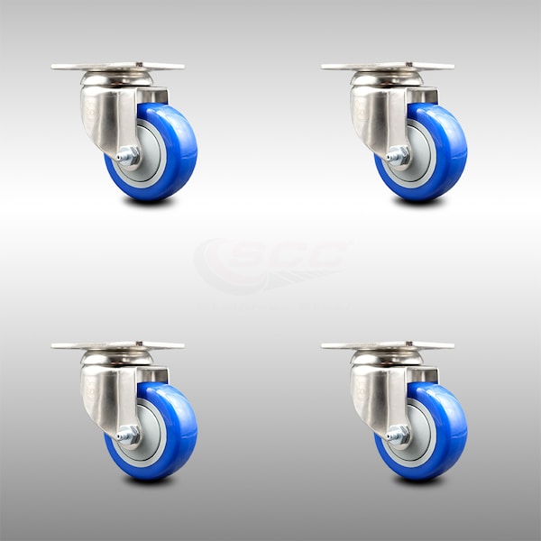 3 Inch 316SS Blue Polyurethane Wheel Swivel Top Plate Caster Set